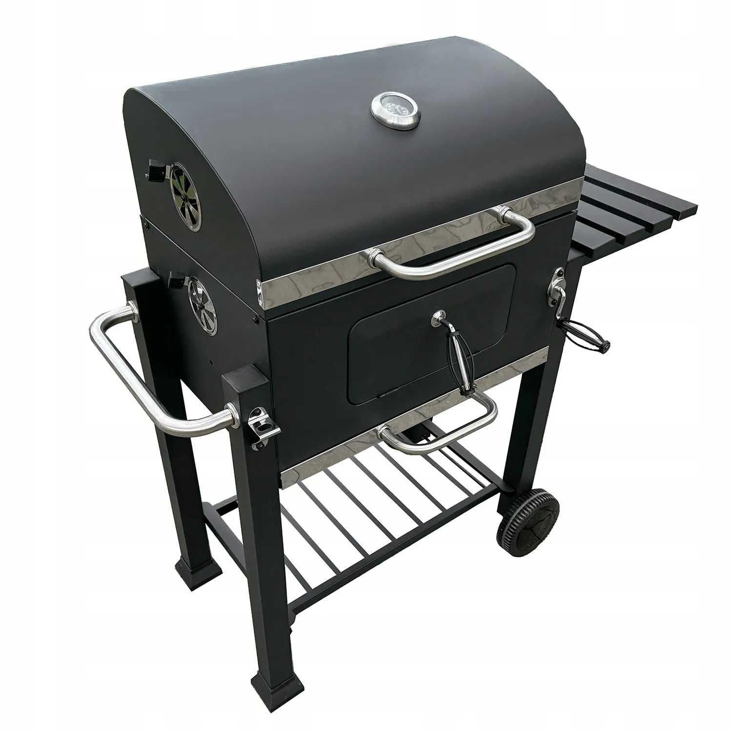 Duży grill węglowy żeliwny ruszt solidny trwały kółka półki termometr