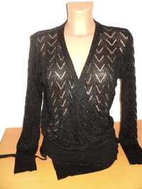 Sweter damski czarny, ażurowy w pasie wiązany roz. 40 L