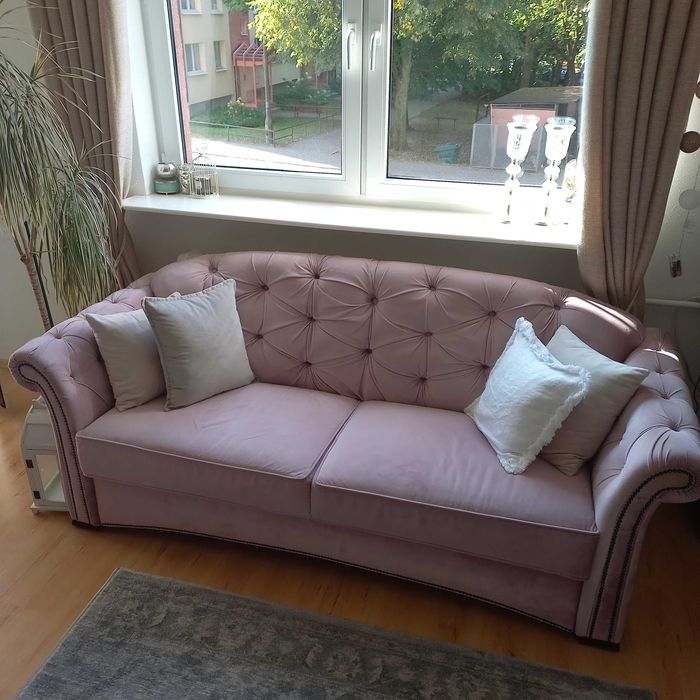 Przepiękna nowoczesna kanapa chesterfield, sofa 3 osobowa, pudrowy róż