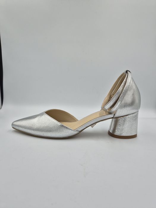 Czółenka damskie srebrne błyszczące Zign 38 skóra naturalna