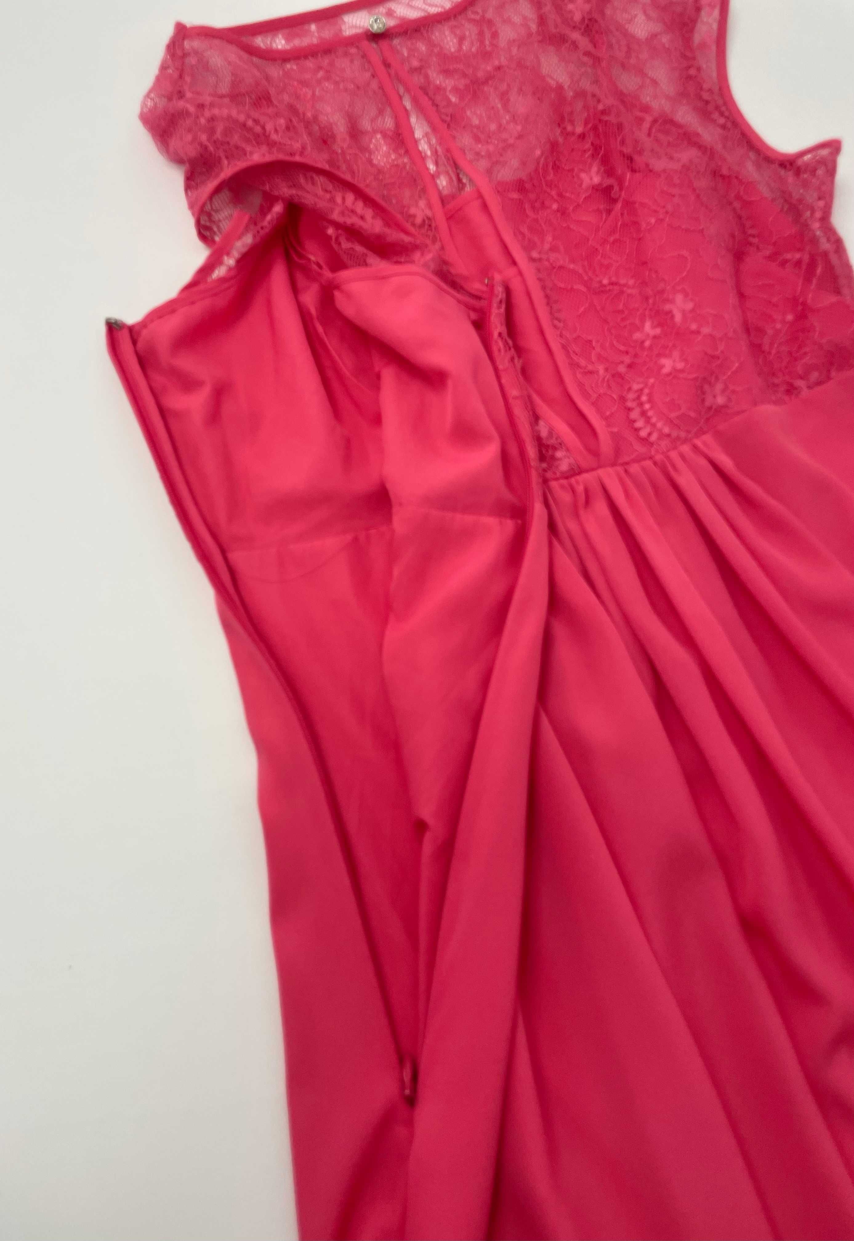Sukienka różowa z koronką rozkloszowana elegancka na wesele