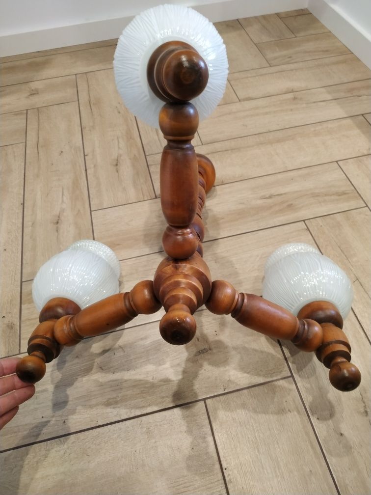 Lampa, żyrandol drewniany prl