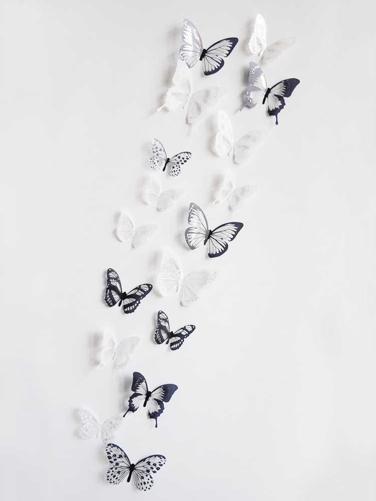 Czarno Białe Motyle 3D Naklejki z brokatem 18 szt