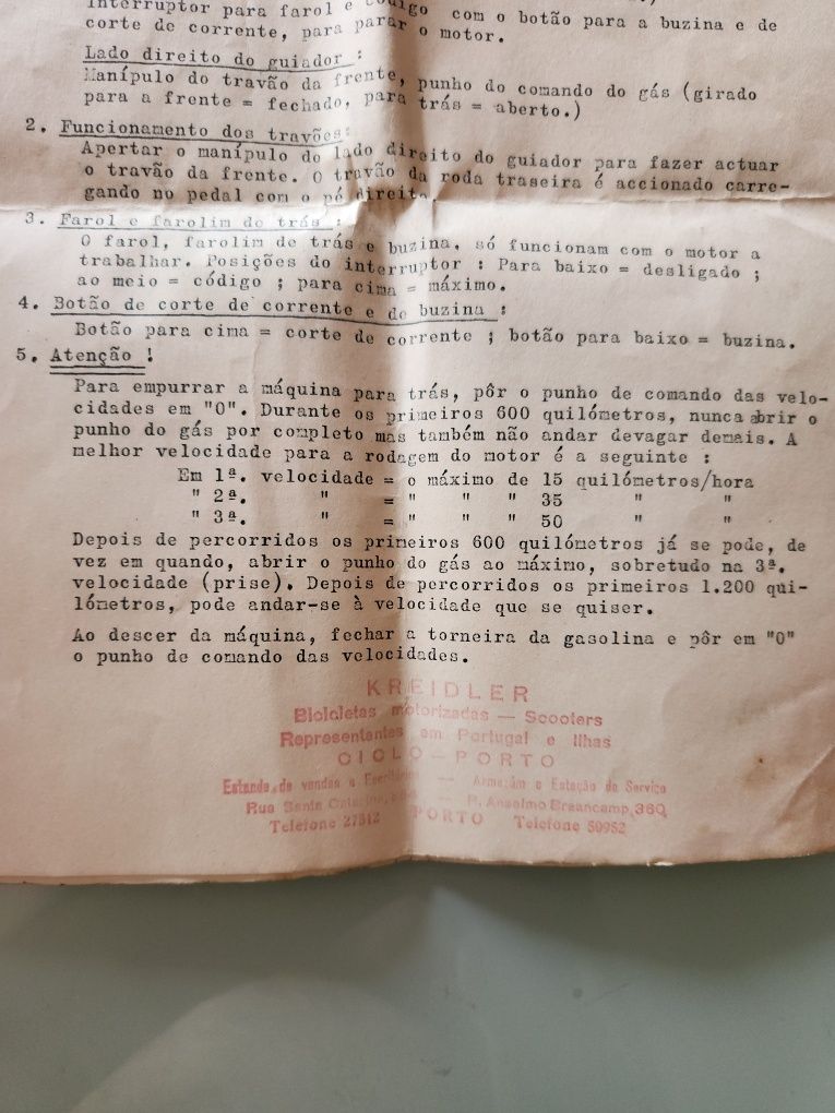 Documentos antigos com instruções motorizada Kreidler Florett 1957