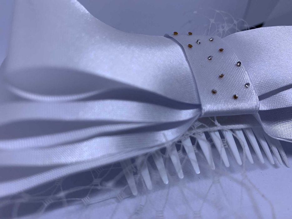 Nowa Kokówka Ślubna z Woalką Kokarda Biała Grzebyk Elegancka Outlet