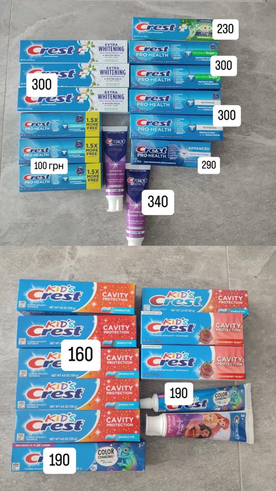 Crest ,Xyli white , orajel ,Marvis, crest ,spry