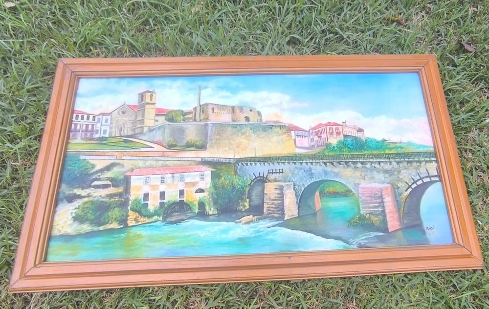 Belíssimo quadro pintura a óleo assinado com moldura em madeira dourad