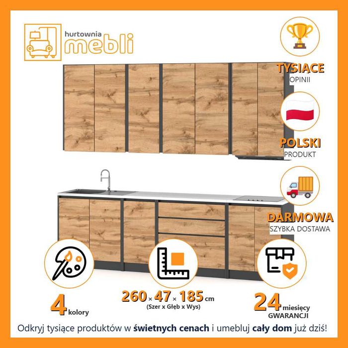 Kuchnia Skandynawska Z Blatem Nowoczesna Bella 2.6m Zestaw Modułowy
