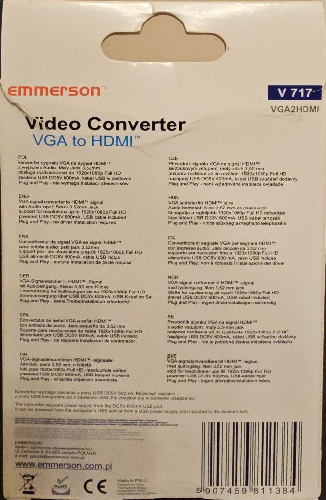 EMMERSON V 717 konwerter VGA - HDMI/wejście VGA + audio Jack - wyjście