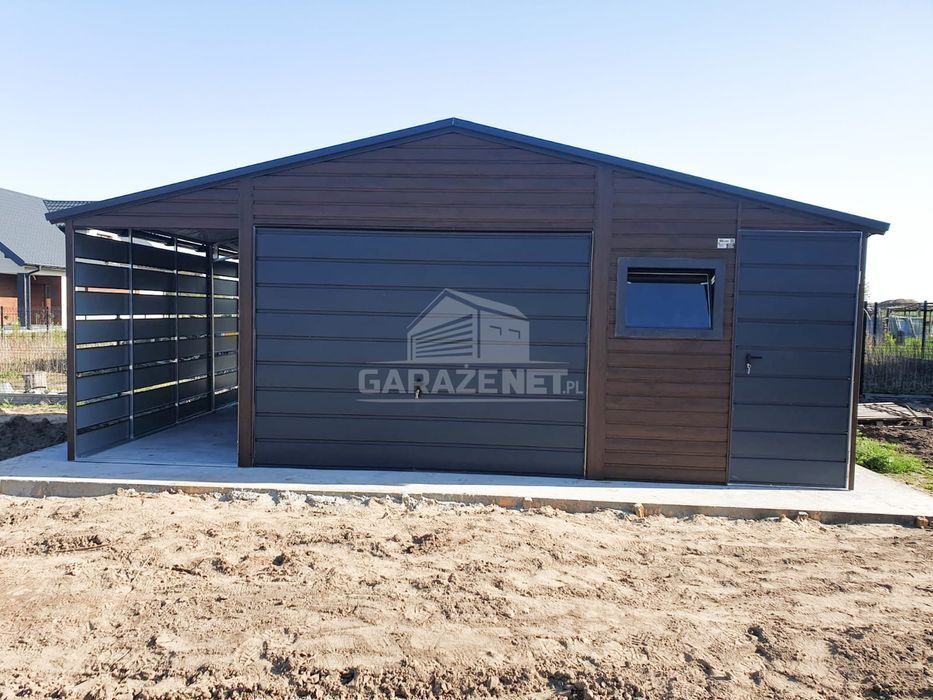GARAŻ BLASZANY 5X6 + Wiata 1,5X6 Brama Uchylna Okno Drzwi Rynny GB428