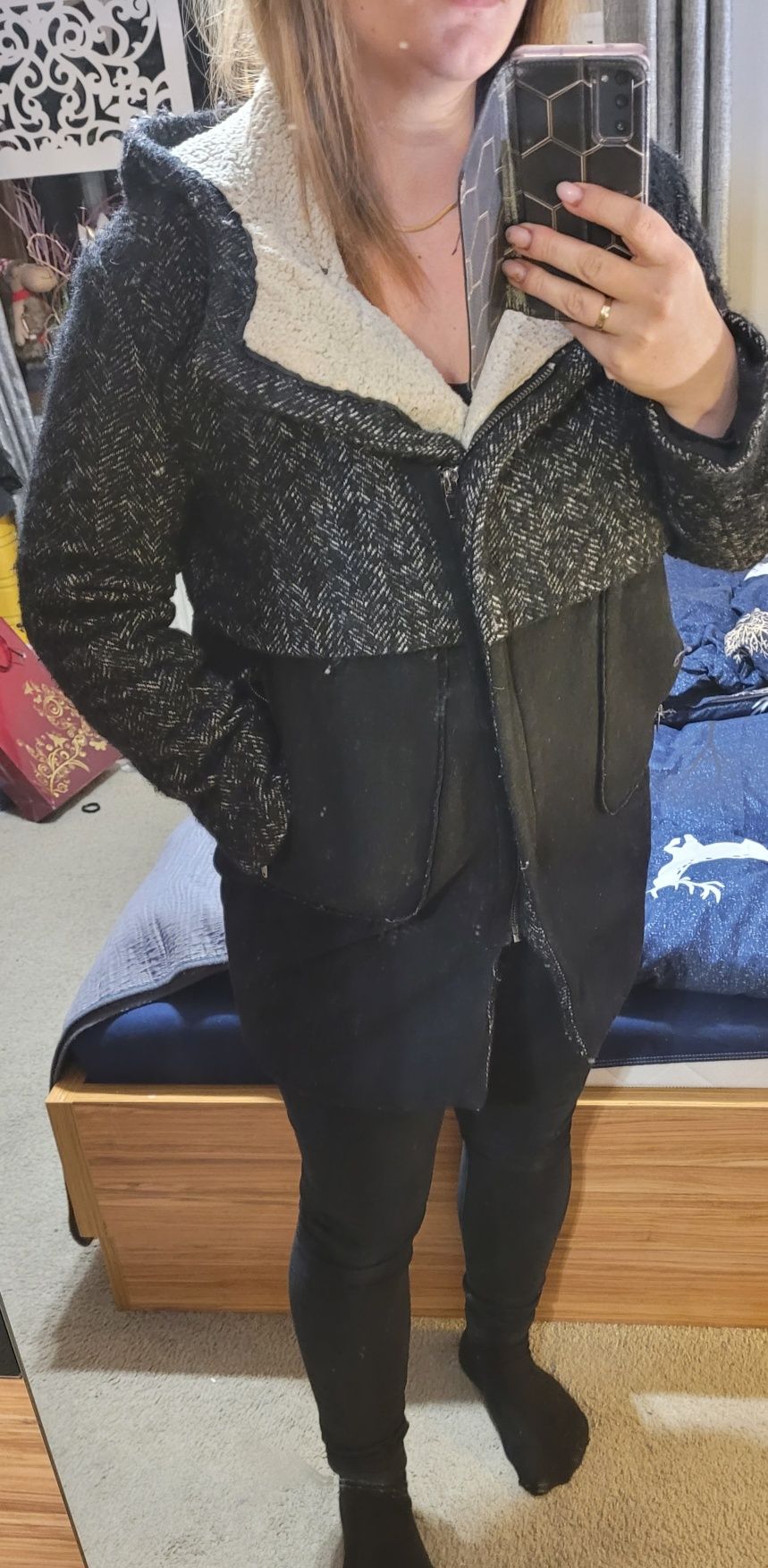 Super cieply plaszcz ZARA czarny 40 L zimowy kurtka parka