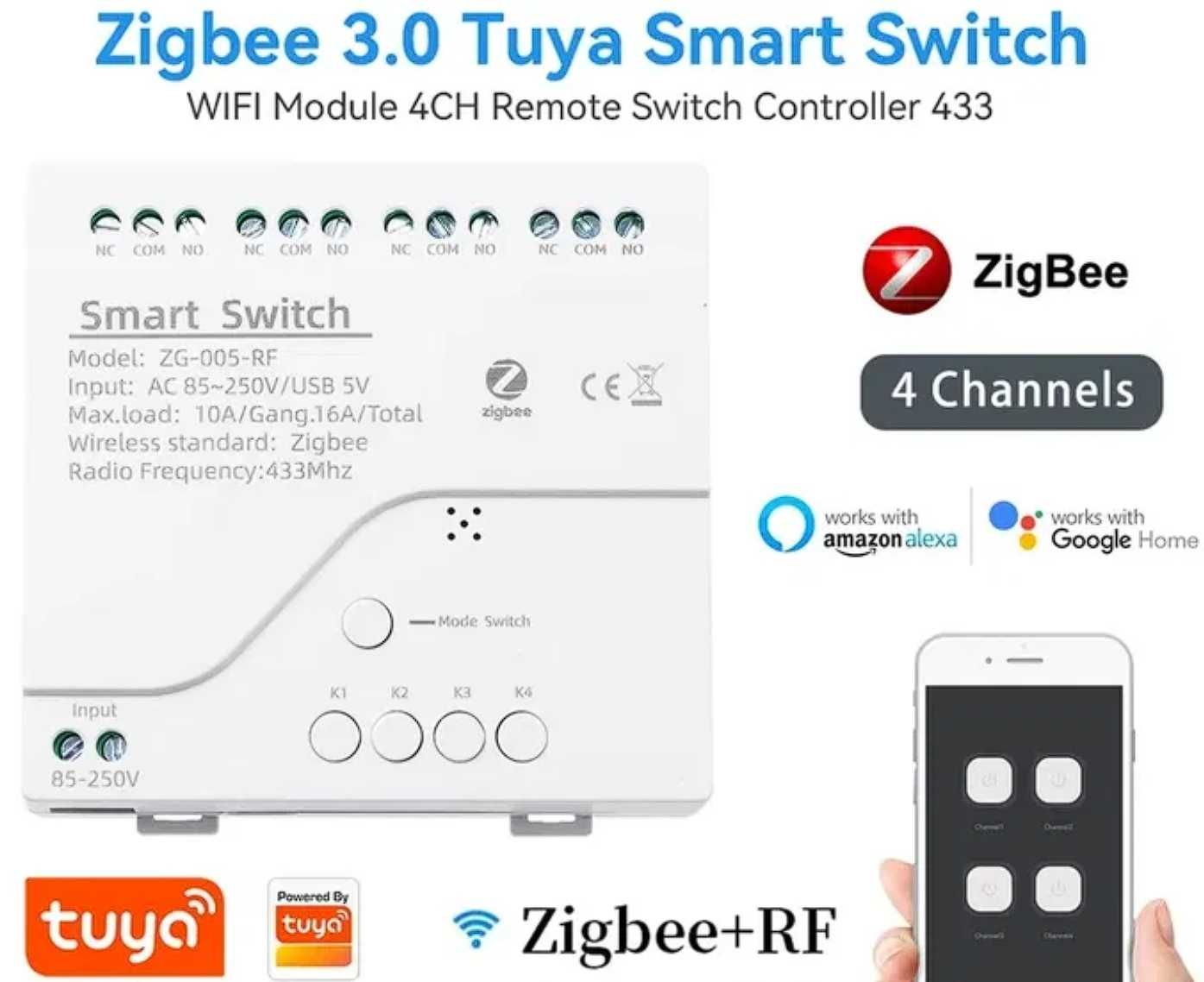 Przełącznik przekaźnik 4 kanałowy Tuya Zigbee zigbee2mqtt Home Assista