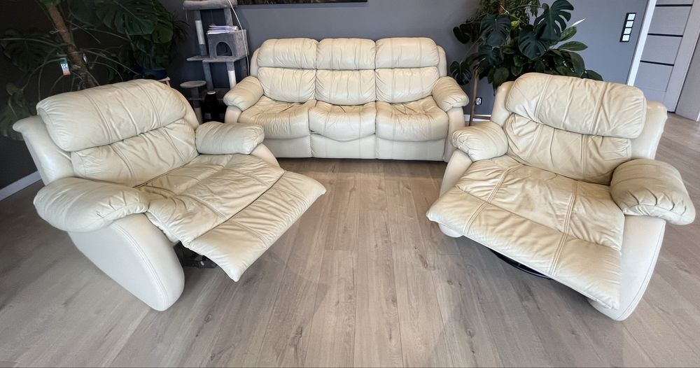 Skorzany zestaw wypoczynkowy.Sofa 3osobowa z funkcją spania + 2fotele