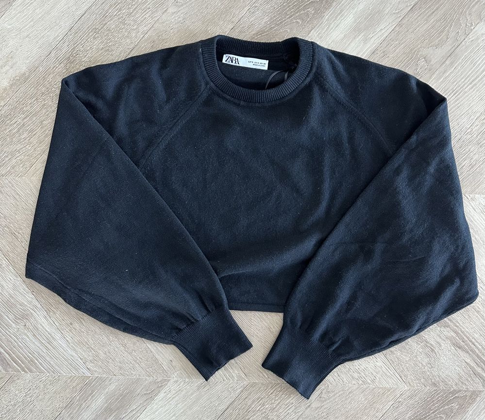 Sweter bufiaste rękawy crop czarny Zara 36 S wiskoza