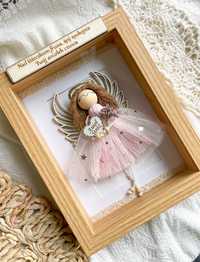 Aniol stróż noworodek baby shower prezent dla dziecka handmade w ramce