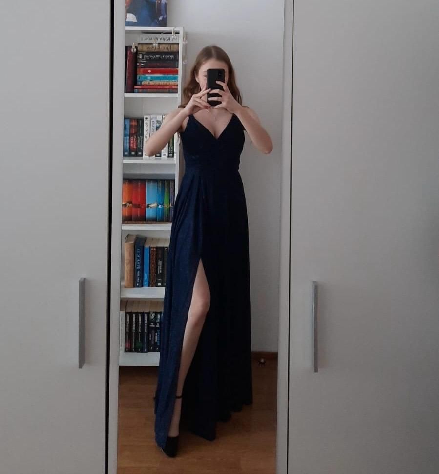 Sukienka suknia granatowa elegancka studniówka wesele komunia