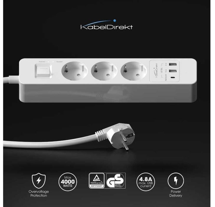 Listwa zasilająca KabelDirekt 3 gniazda 1,4m biały wyłącznik