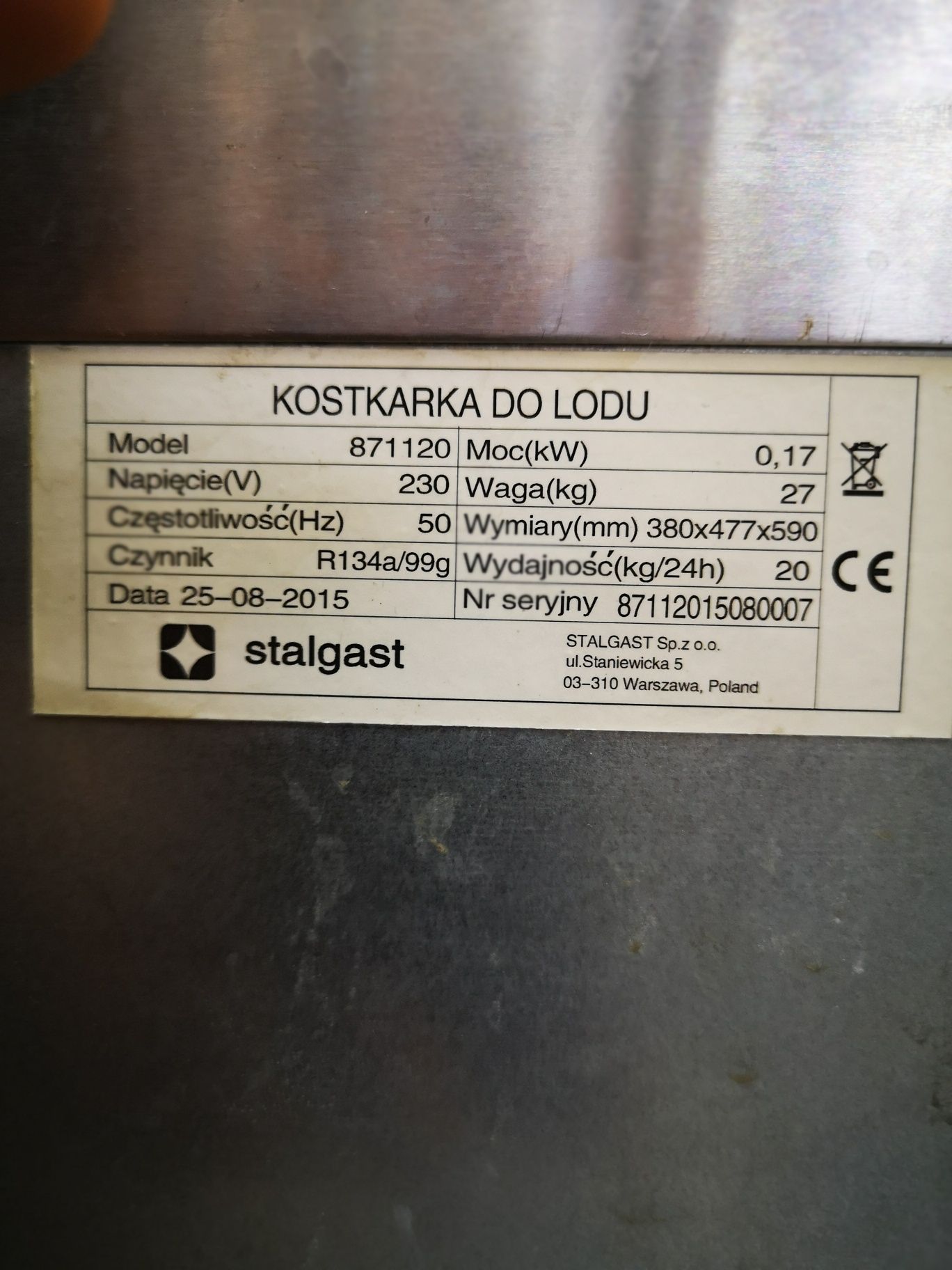 Kostkarka do lodu Stalgast model 871120  przemysłowa 20kg/24h
