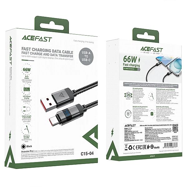 Kabel Acefast C15-04 USB-A - USB-C z wyświetlaczem 480Mb/s 66W 1.2m -