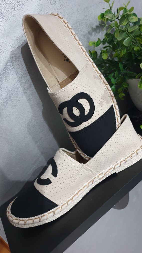 Buty damskie espadryle baleriny eko skóra nowe beżowo czarne roz 40/25