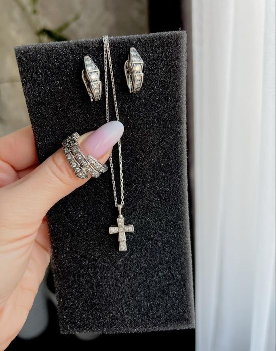 Срібний набір Bvlgari 1:1, сережки, каблучка 17-17,5крестик ланцюг