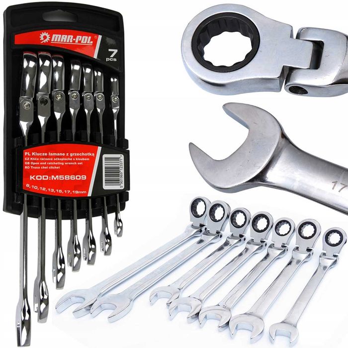 Klucze płasko-oczkowe z grzechotką 8-19mm, 7szt. Mar-Pol M58609