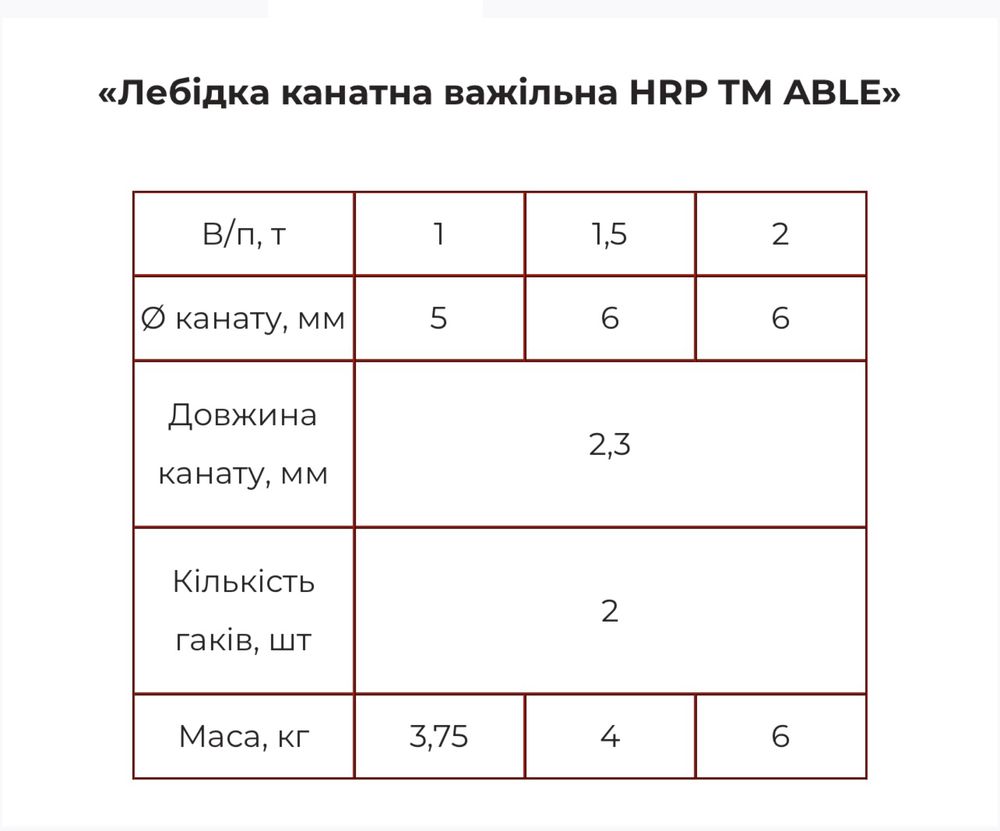 Лебідка канатна важільна ABLE + комплект строп