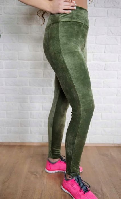 legginsy welurowe wysoki stan spodnie z panelem bawełna l/xl zielone