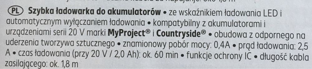 Akumulator, bateria Li-jon 20V/2Ah+ ładowarka My Project ,dostępny 4Ah