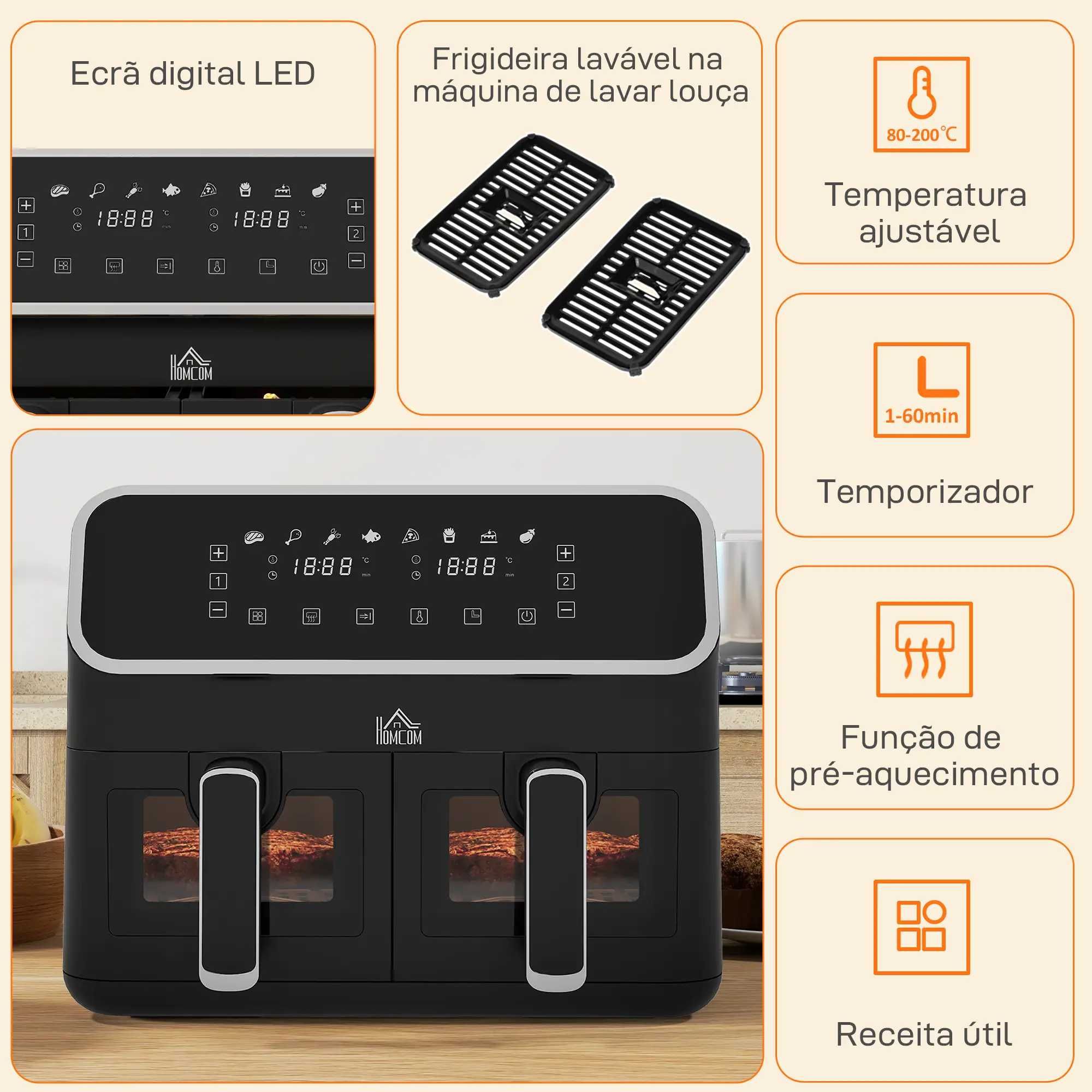 Fritadeira Air Fryer sem Óleo, 8 Litros, 2700W 2 Cestos Independentes