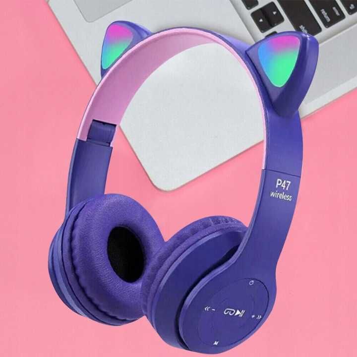 Słuchawki bezprzewodowe P47M RGB kocie uszu FIOLETOWE