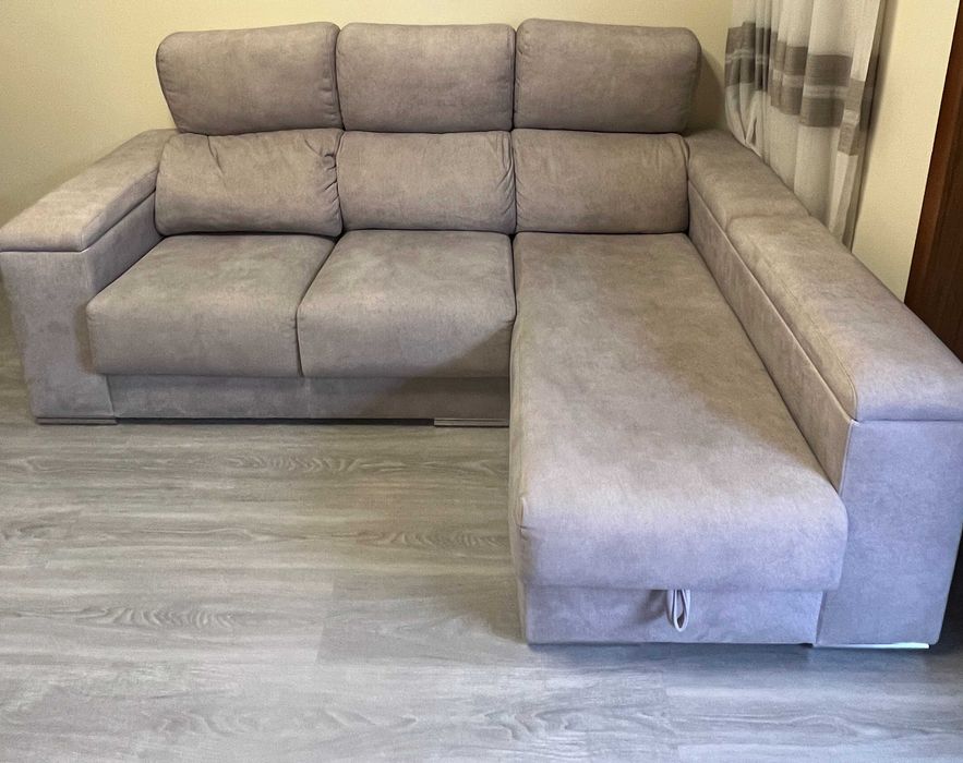 Sofá retrátil de canto 3 lugares com Chaise e Baú de armazenamento