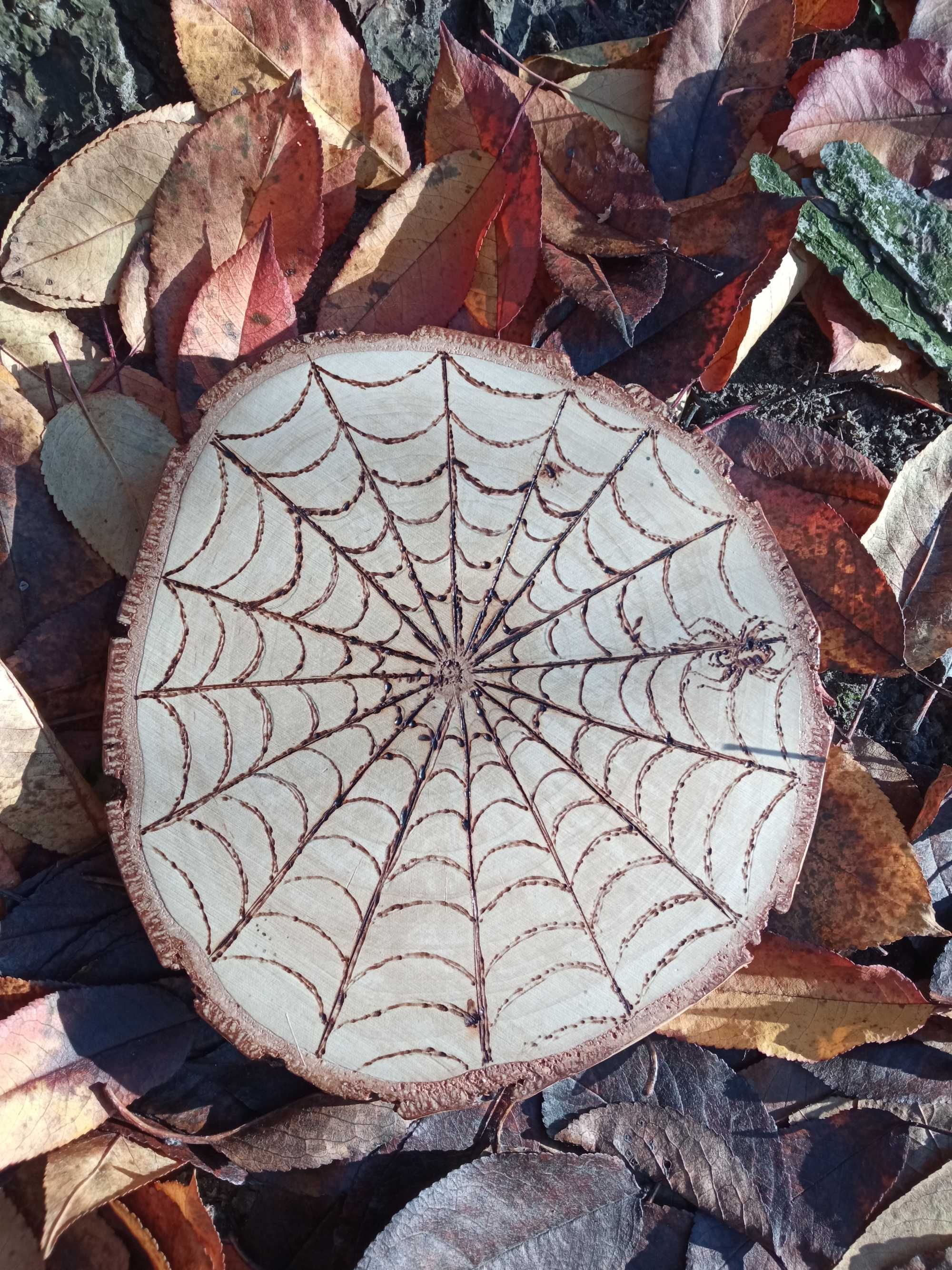 Obrazek drewno wypalanka pirografia mandala pajęczyna dekor