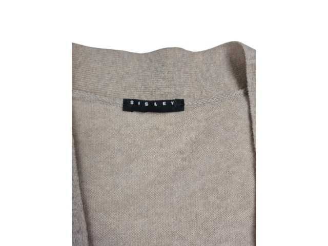 Kardigan Sisley beżowy S wełna długi zapinany z paskiem