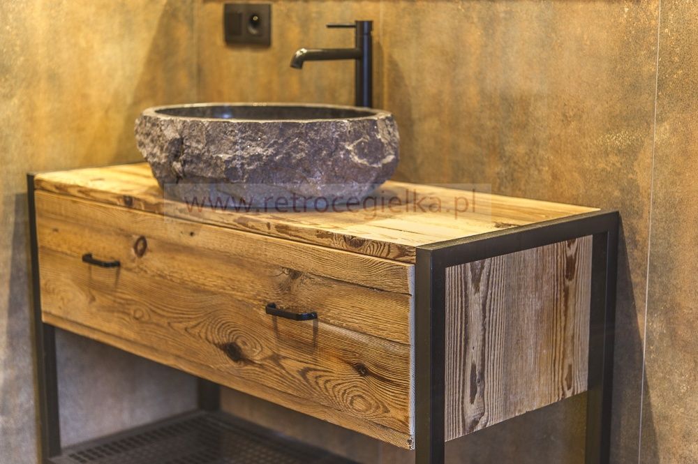 Szafka łazienkowa, stare drewno sosnowe + stalowa rama, duża szuflada