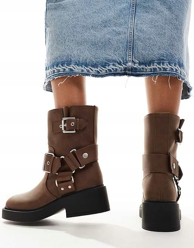 Asos Design 39 Brązowe Botki Aim Z Klamrami H17791