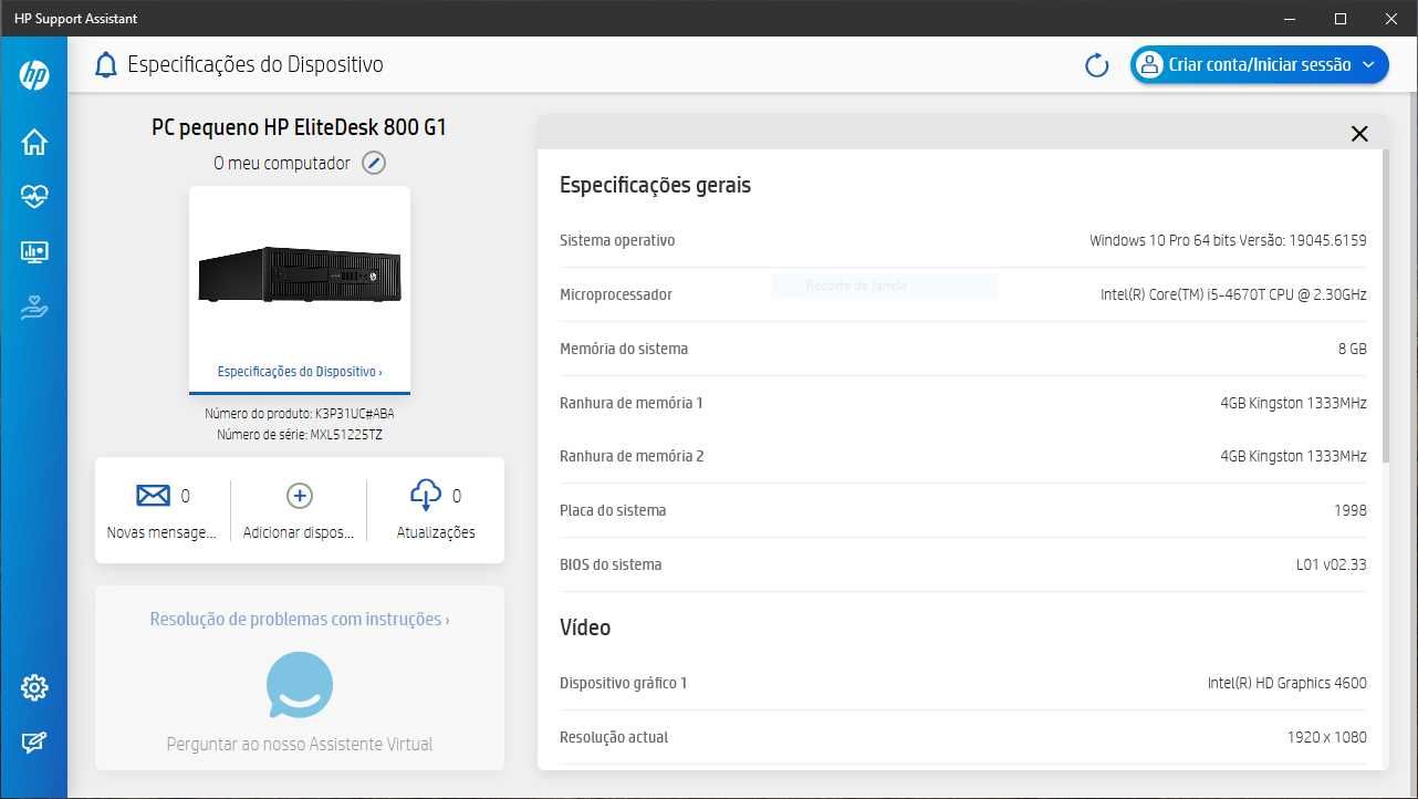 Computador Desktop HP EliteDesk 800 G1 SFF