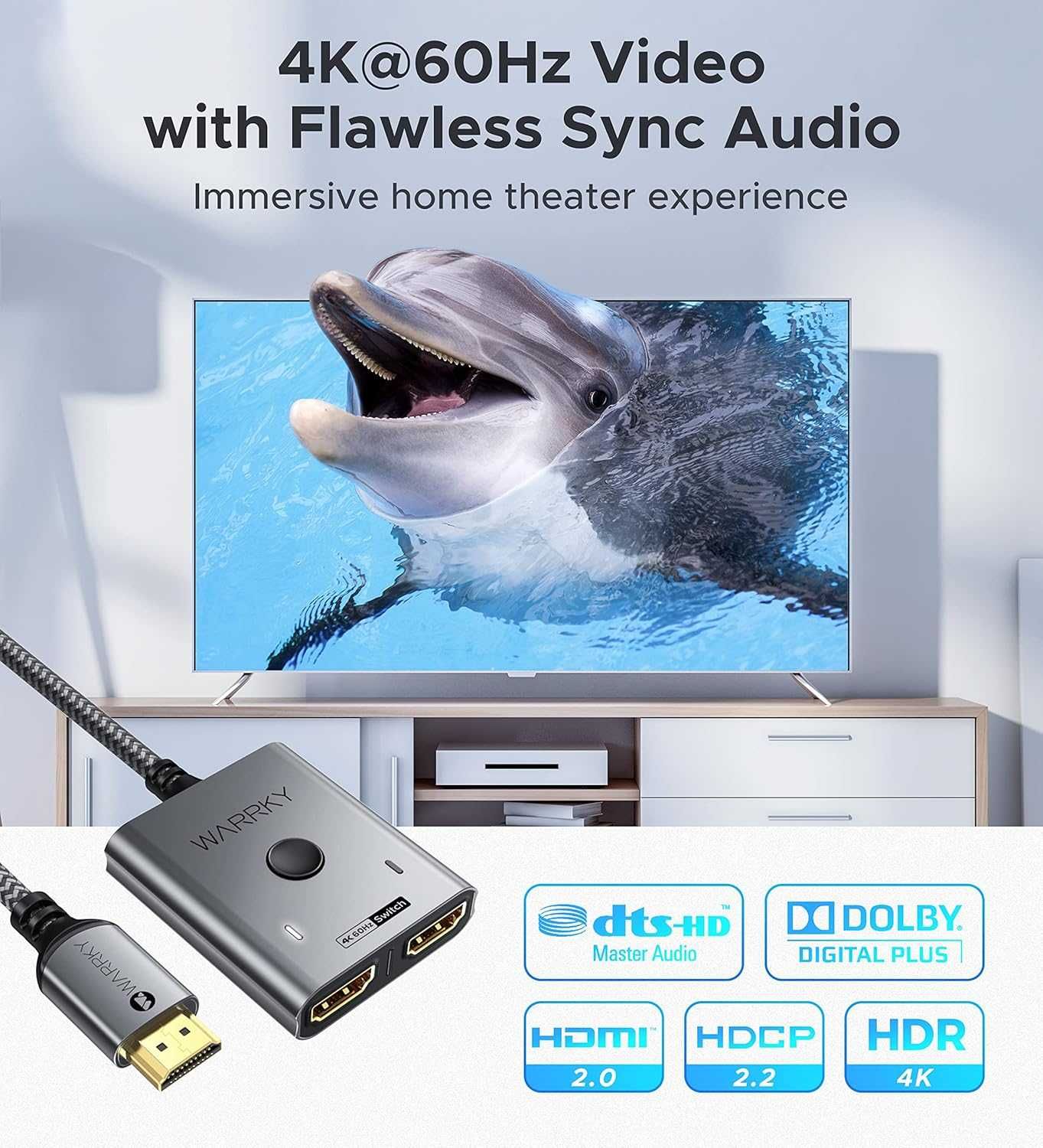 Przełącznik HDMI 2 w 1 wyjście 4K przy 60Hz HDCP 2.2 HDR WARRKY