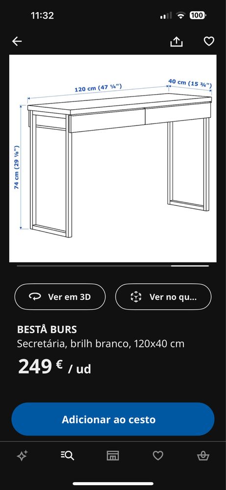 Secretária branca do IKEA Bestâ Burs 120x40 cm