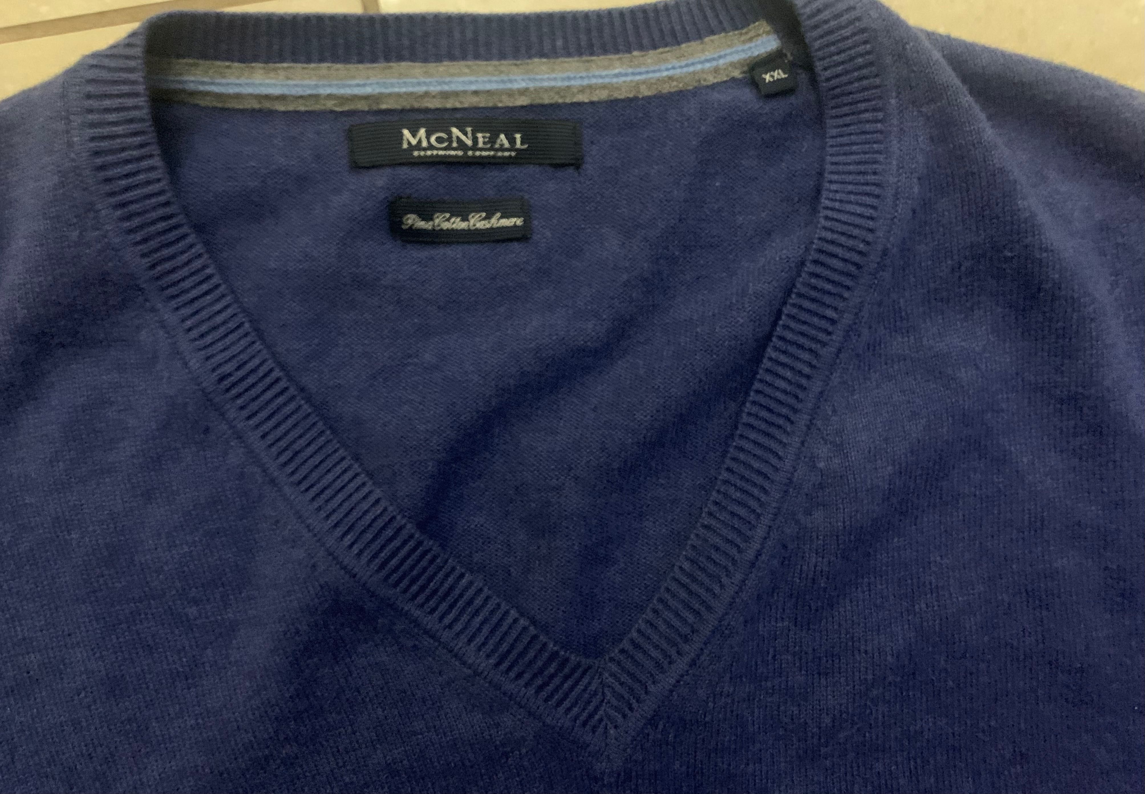 McNeal super męski sweter w serek XXL niebieski, bawełna + kaszmir