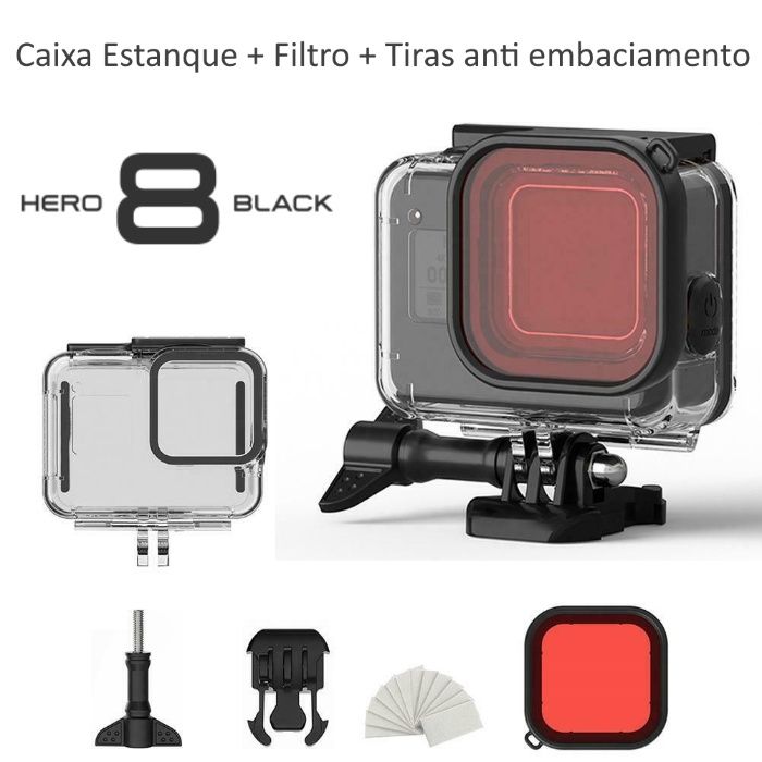 Caixa Estanque Gopro Hero 8 Black + Filtro Vermelho - Novo-Portes Gr