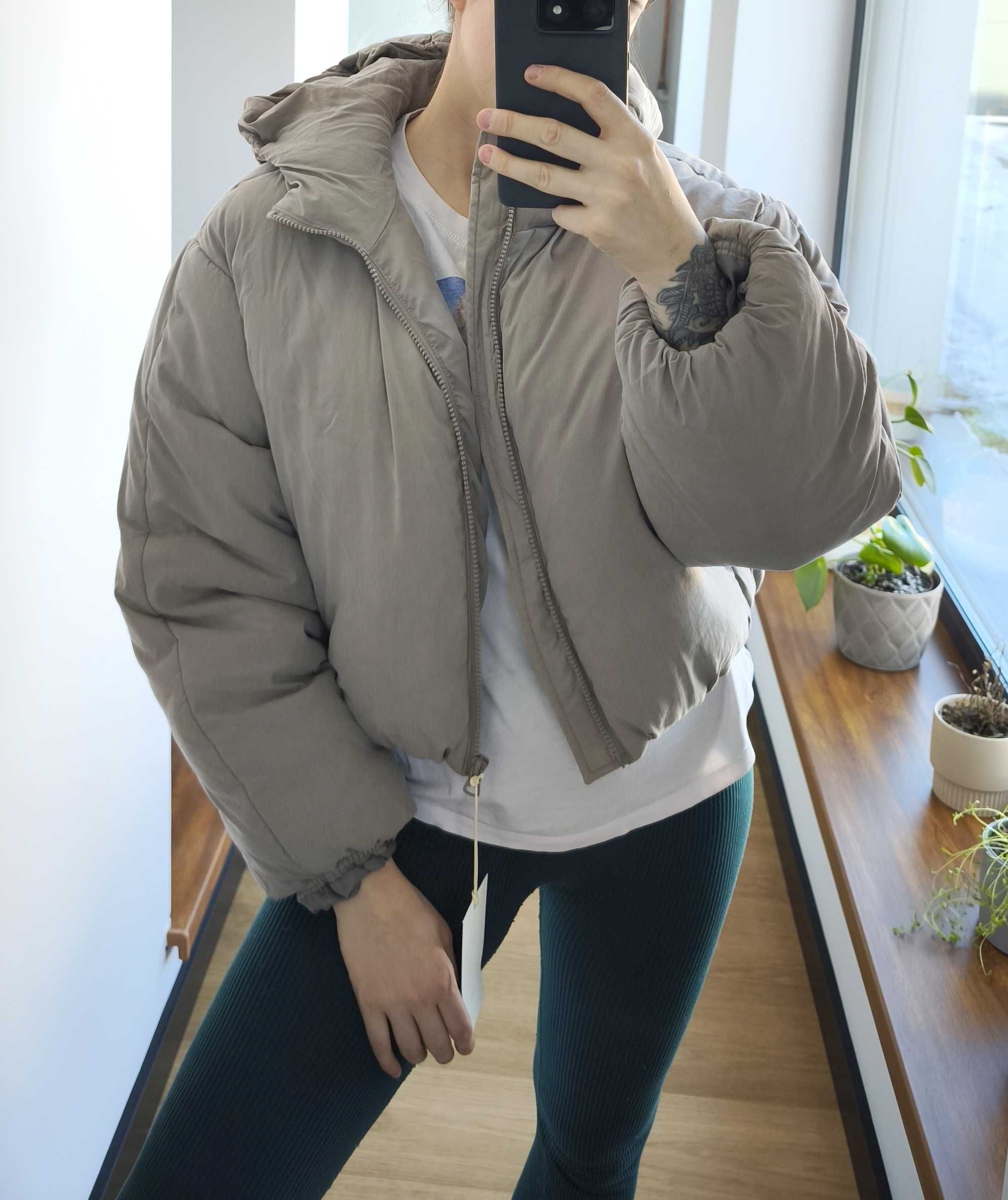 Pikowana kurtka puffer Zara Z3D szara krótka oversize zimowa