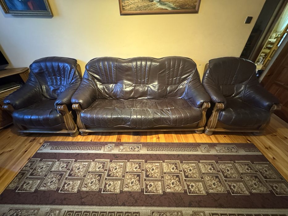 Kanapa + 2 fotele skórzane drewniane dębowe + ława