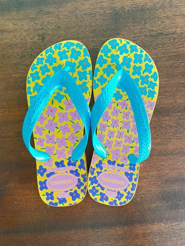 Havaianas Femininas Tamanho 33/34 Sola Amarela com Tiras Azuis