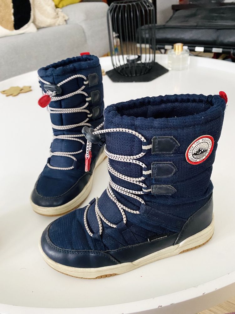 Buty na zimę śniegowce H&M 30 wodoodporne granatowe wysokie zciagane