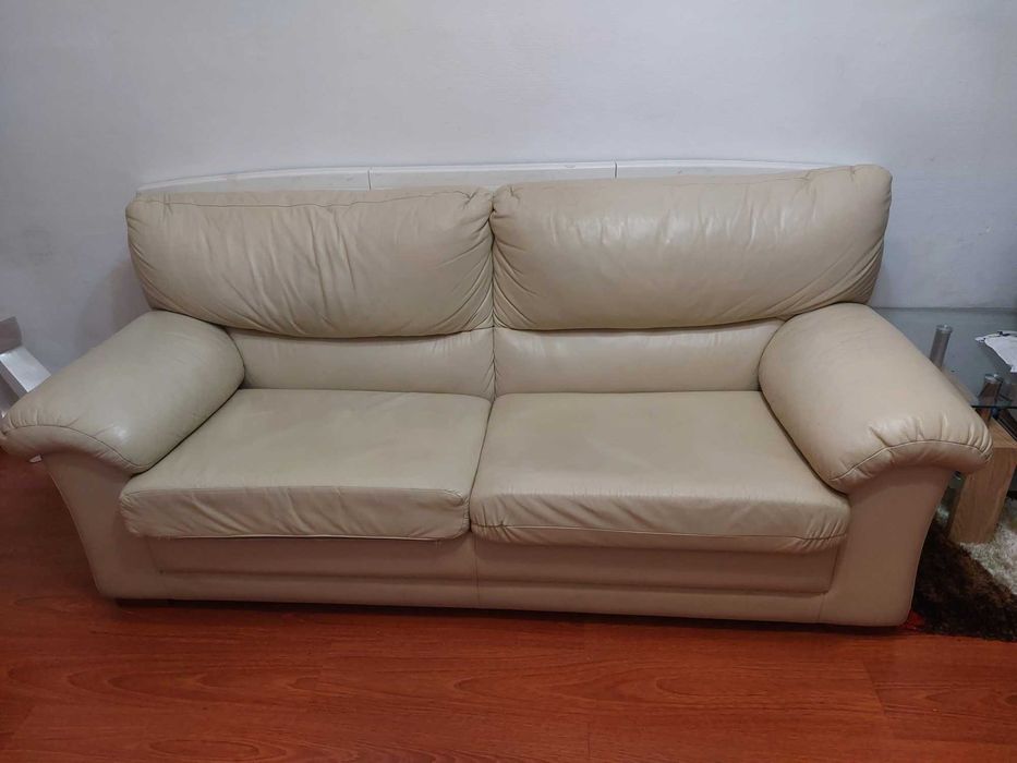 Conjunto de 2 Sofás em Pele Genuína Bege – 3 e 2 Lugares