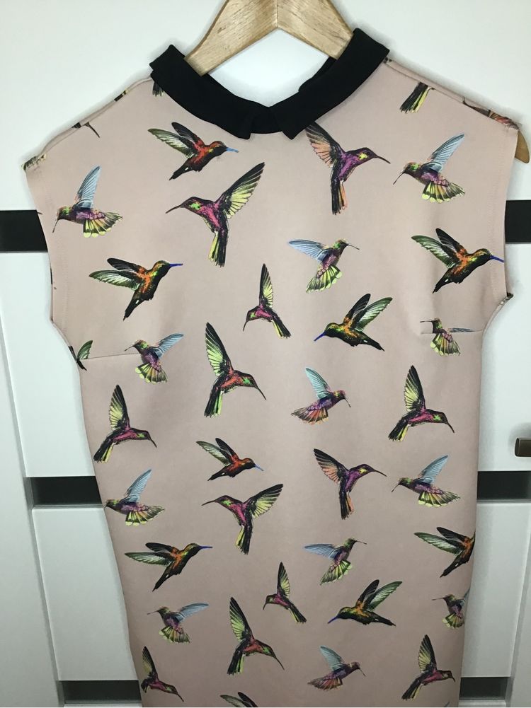 Mohito sukienka damska XS S w kolorowe kolibry midi bez rękawów
