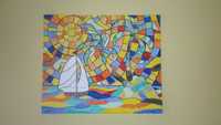 Полотно 50х60 / акрил / картина мозаїка / корабель сонце море | холст