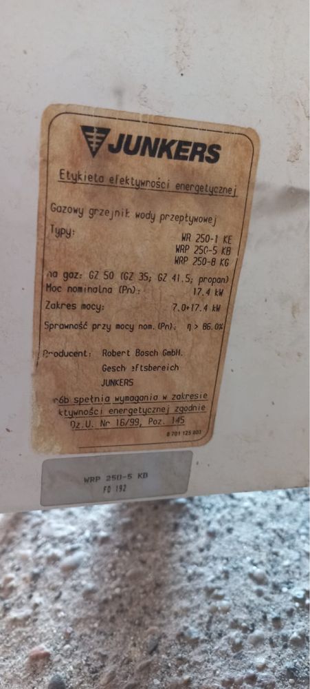 Podgrzewacz gazowy Junkers. 17.4kw Tanio !