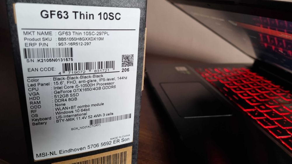 MSI Thin GF63 i5-10500H/GTX1650/8GB/512GB/144Hz/Gwarancja